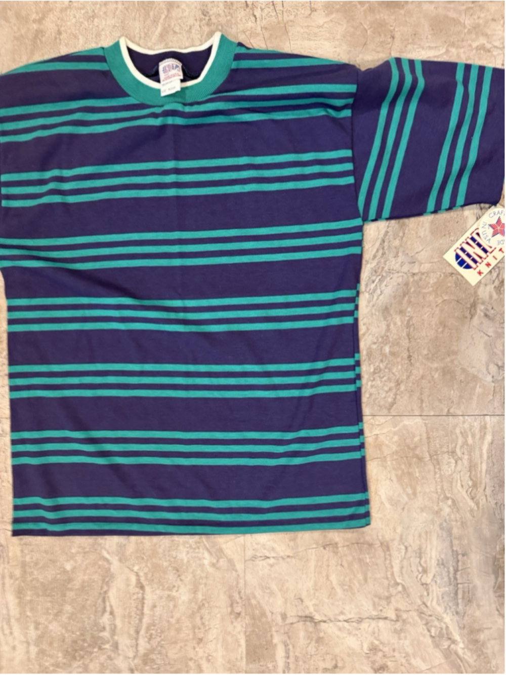 VTG 80s Indy Knit Short Sleeve Striped T-Shirt M Made In USA Bold Stripes NWT - Picture 2 of 6